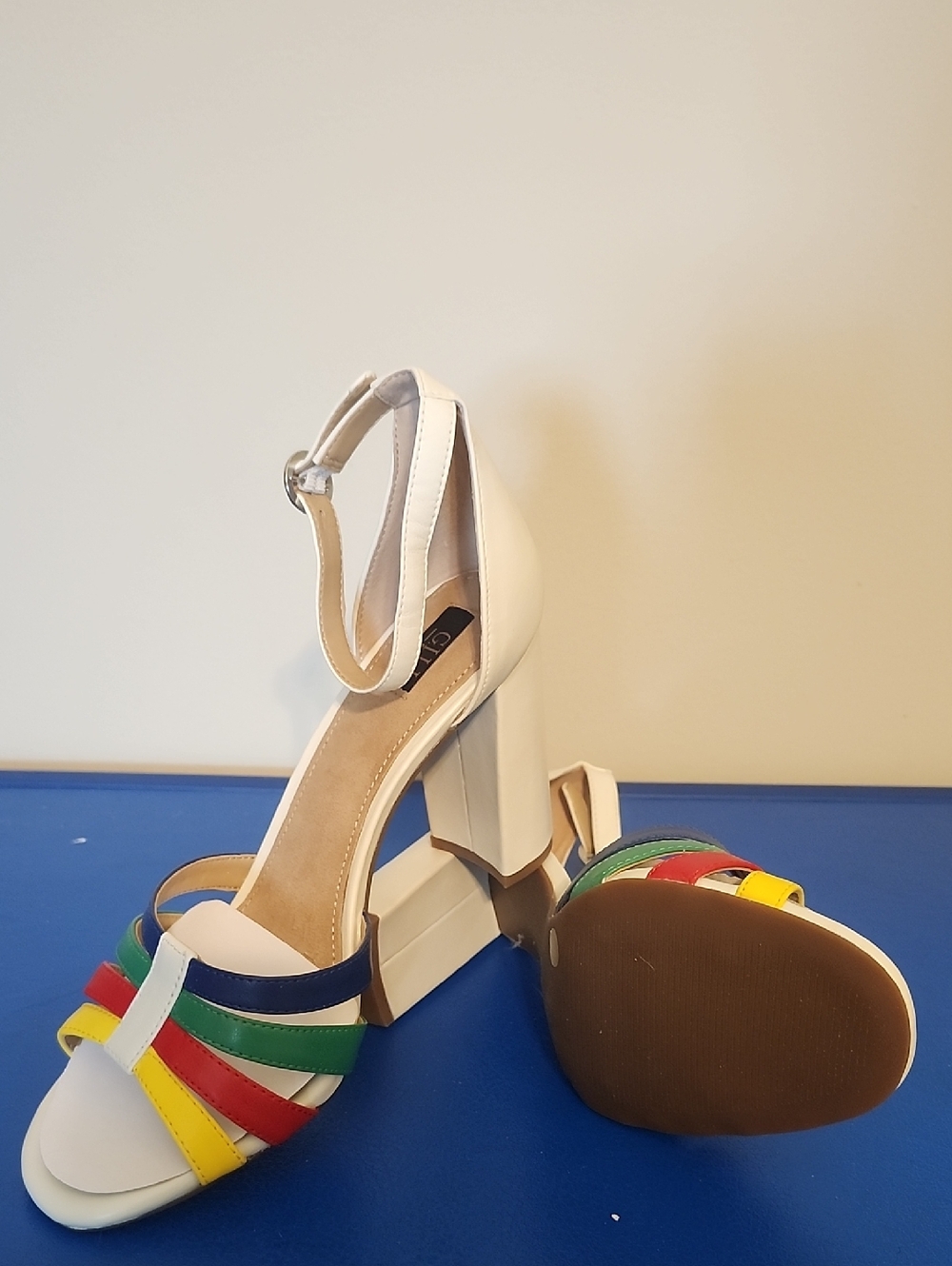 G.I.L.I. White Block Heel Sandals with Rainbow Straps